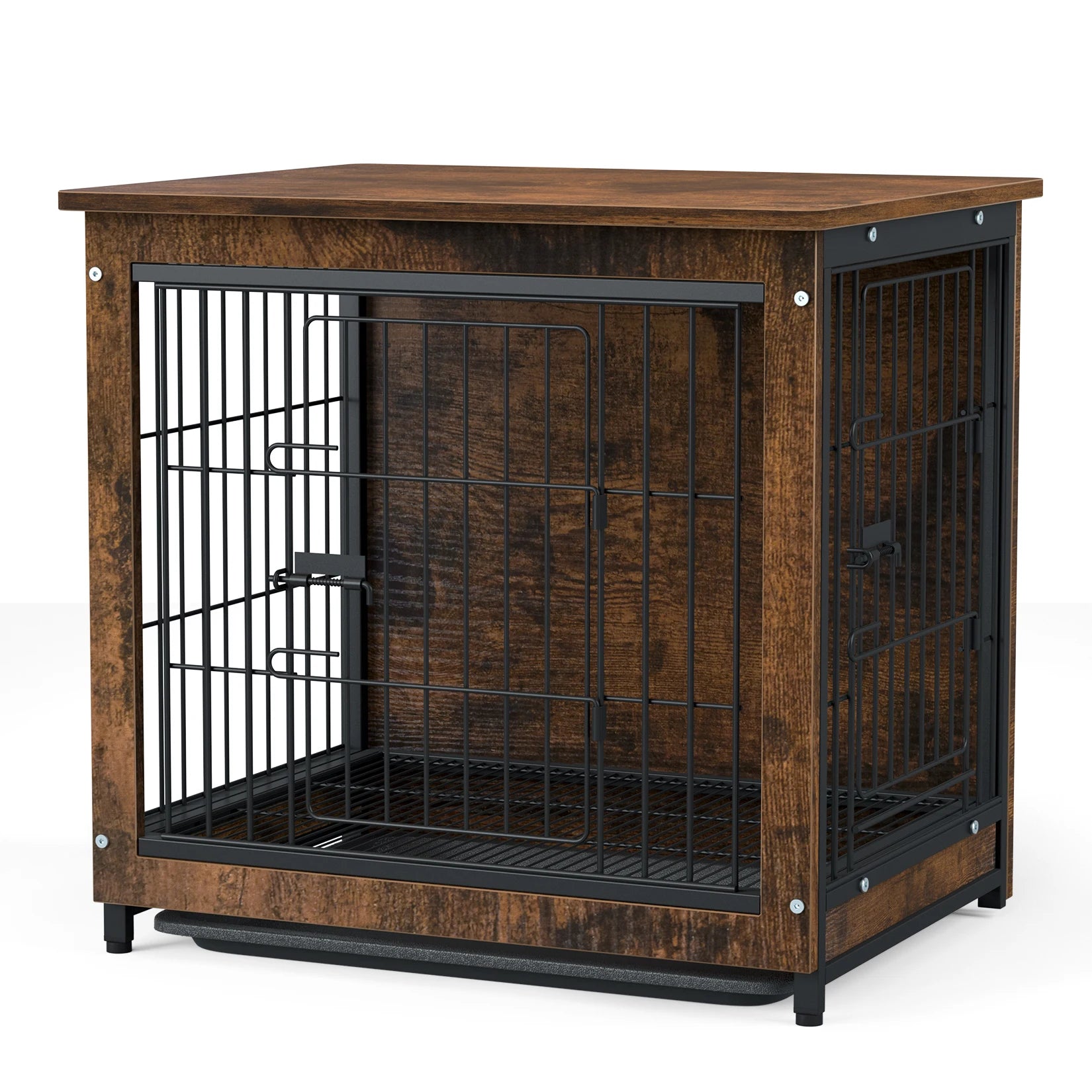 Vintage Wooden Dog Cage End Table – Stylish Indoor Pet Crate with Double Doors and Removable Tray