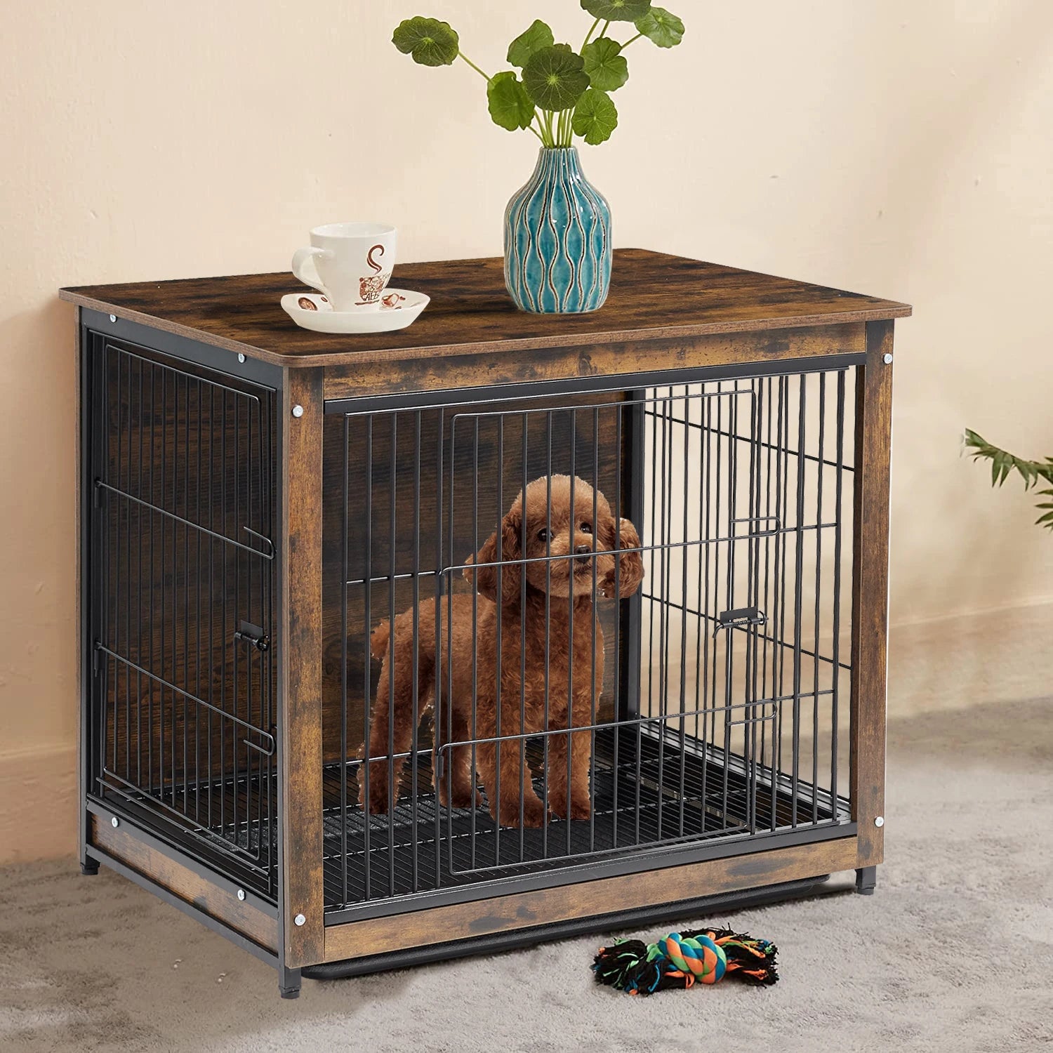 Vintage Wooden Dog Cage End Table – Stylish Indoor Pet Crate with Double Doors and Removable Tray