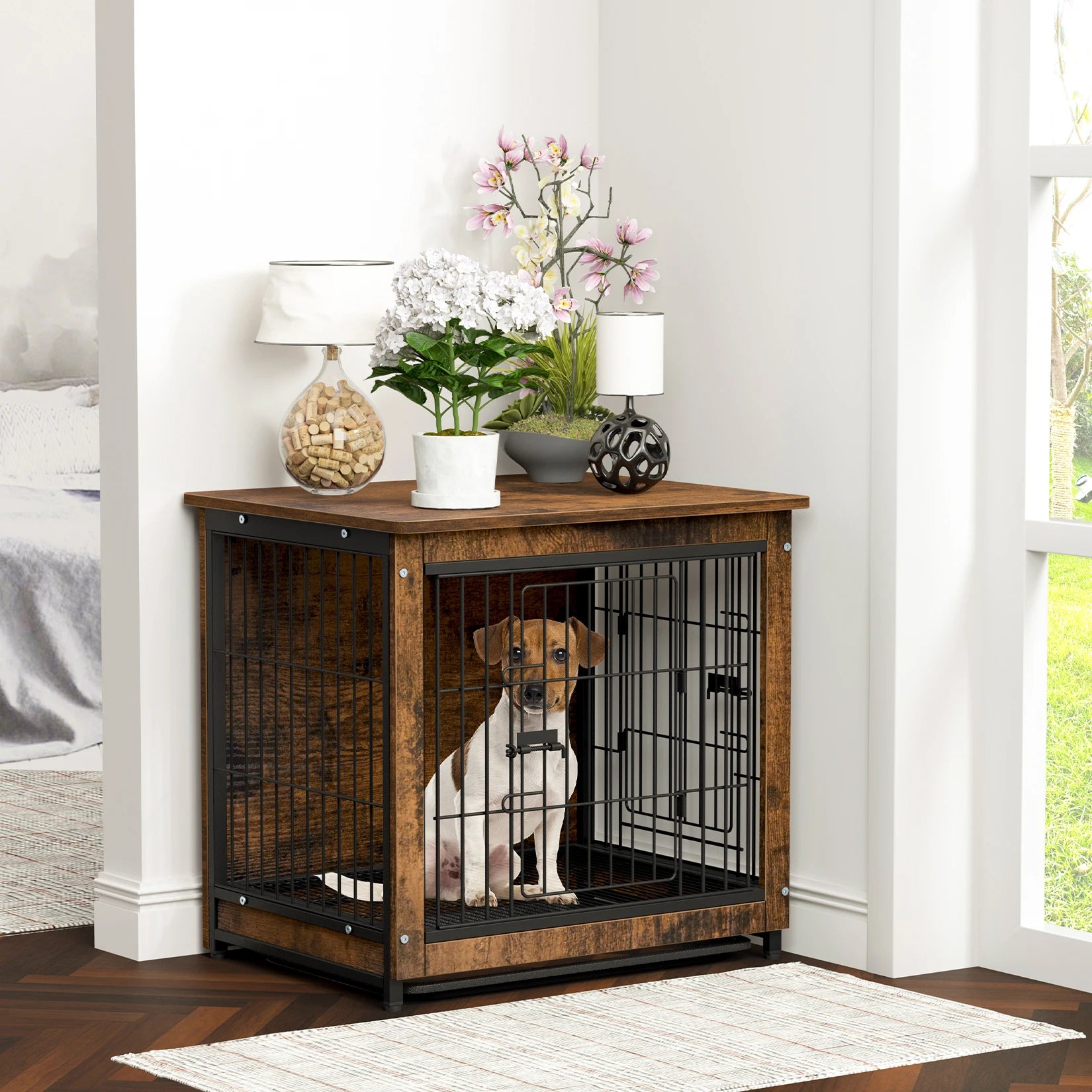 Vintage Wooden Dog Cage End Table – Stylish Indoor Pet Crate with Double Doors and Removable Tray