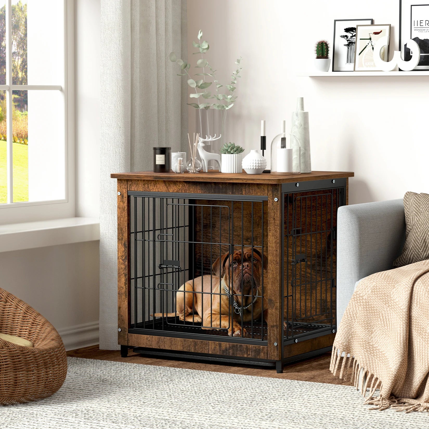 Vintage Wooden Dog Cage End Table – Stylish Indoor Pet Crate with Double Doors and Removable Tray