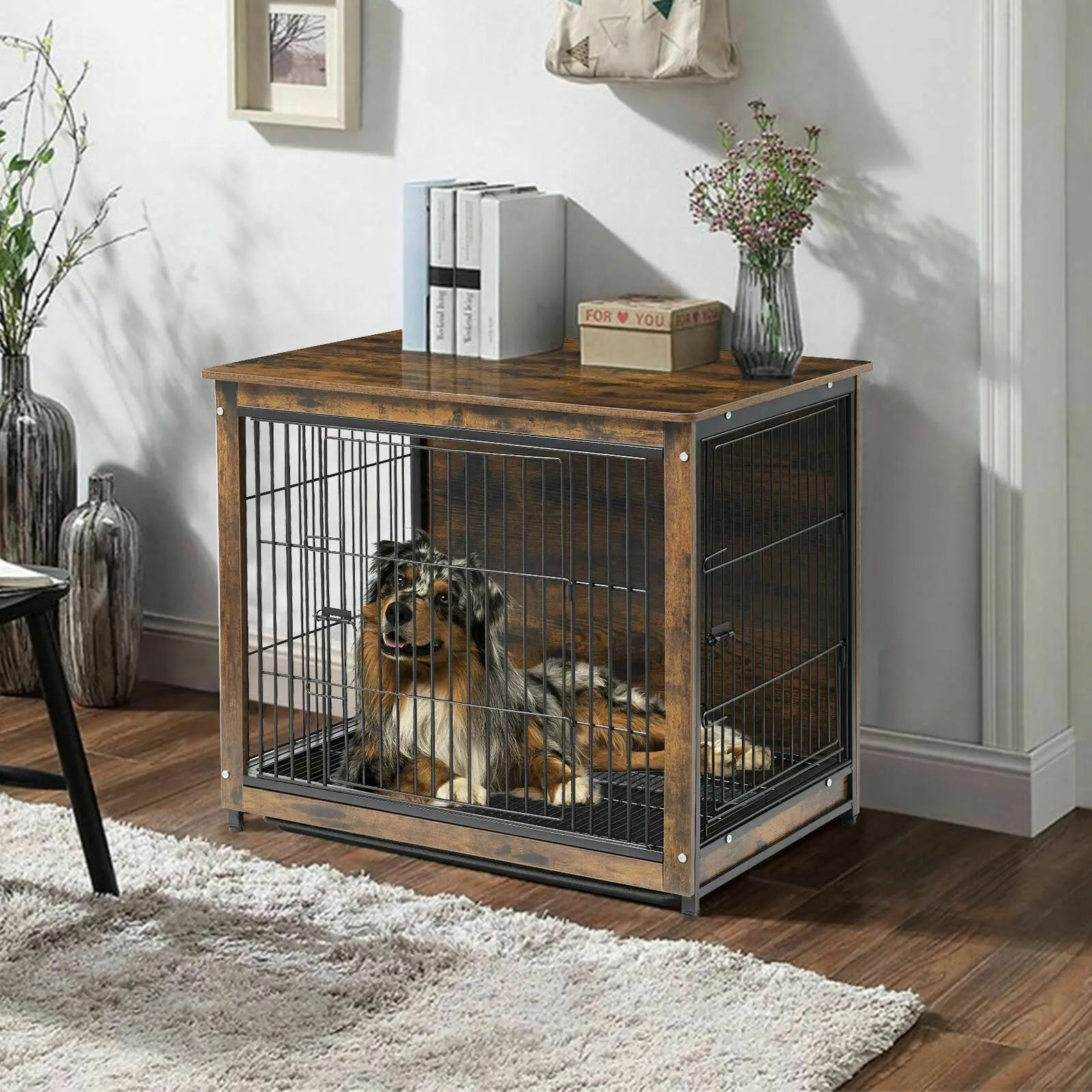 Vintage Wooden Dog Cage End Table – Stylish Indoor Pet Crate with Double Doors and Removable Tray