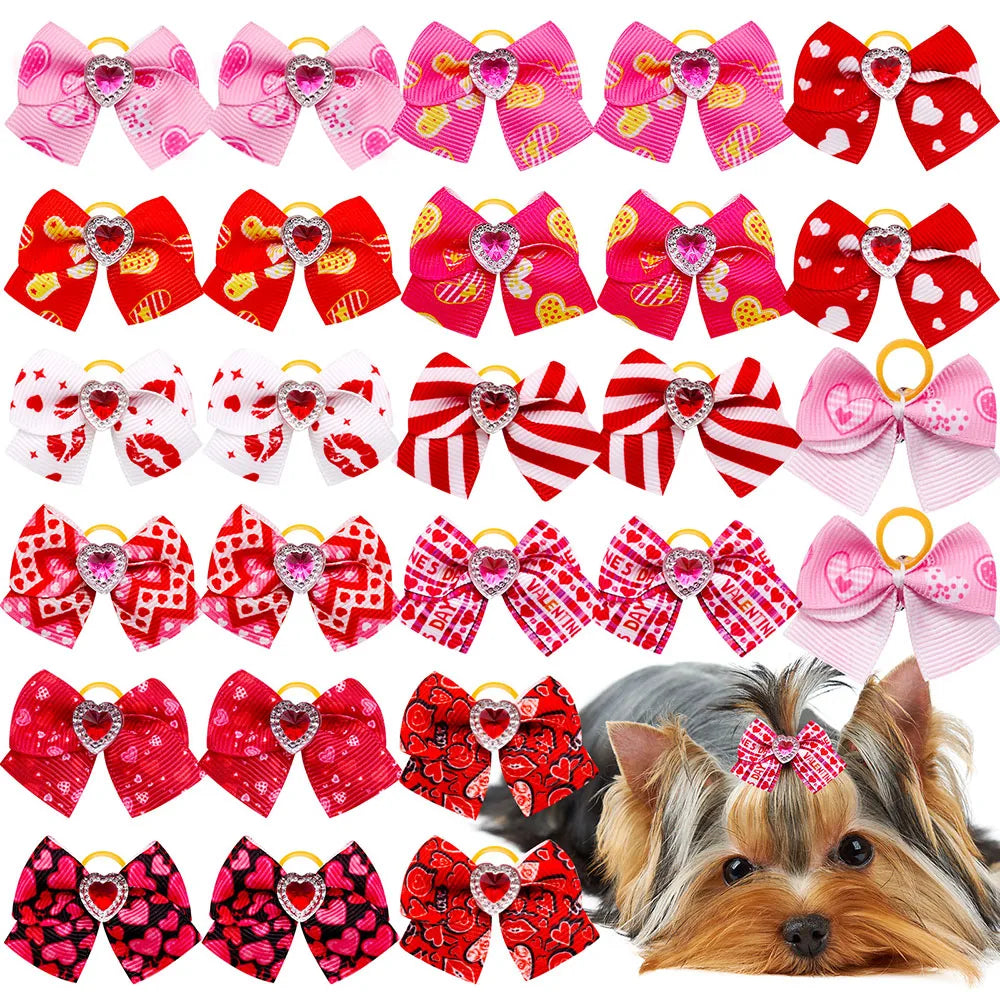 20PCS Valentine’s Day Dog Bows – Red and Pink Hair Bow Accessories for Dogs and Cats
