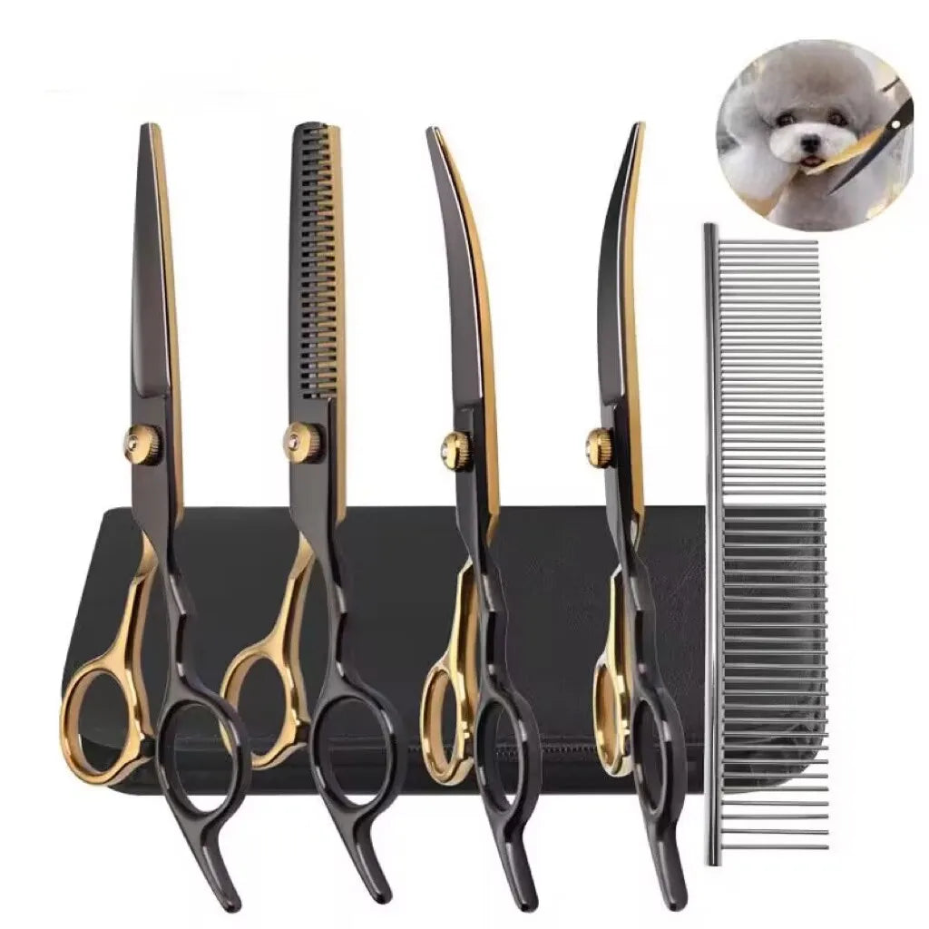 6.5-Inch Pet Grooming Scissors Kit - Black & Gold