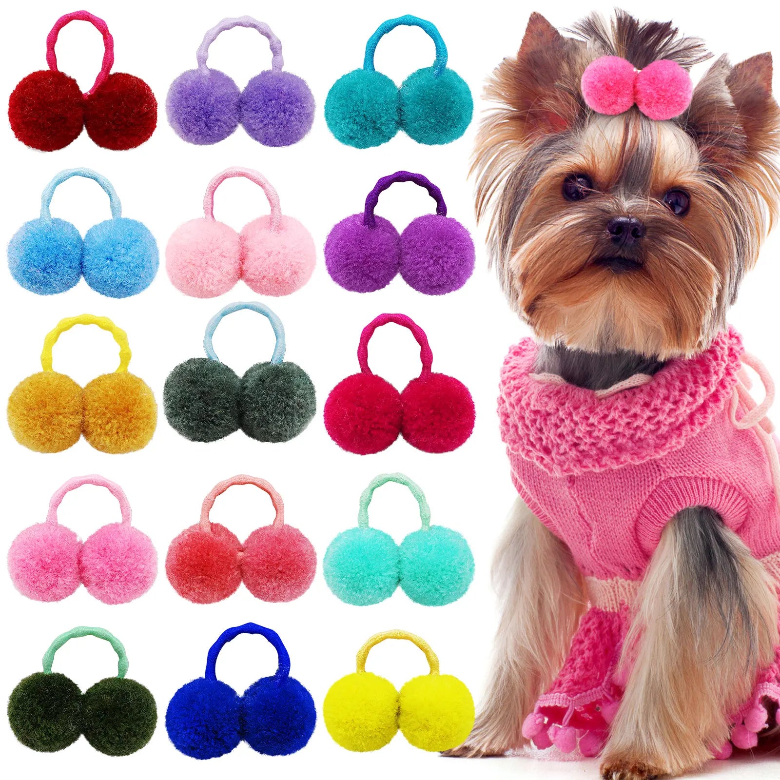 10pcs Pet Hair Bands with Plush Balls – Elastic Grooming Bows for Small and Medium Dogs and Cats