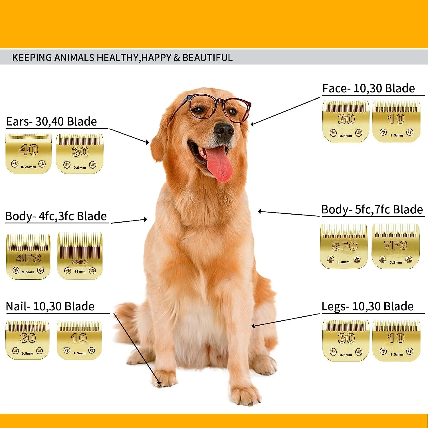 Gold Detachable Pet Grooming Clipper Stainless Steel Blades Set
