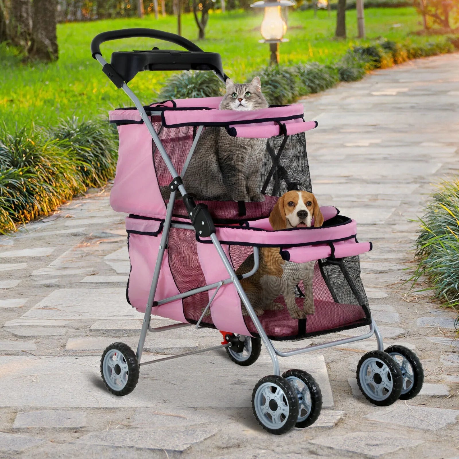 US Double Dog Stroller with 4 Wheels & Cup Holder