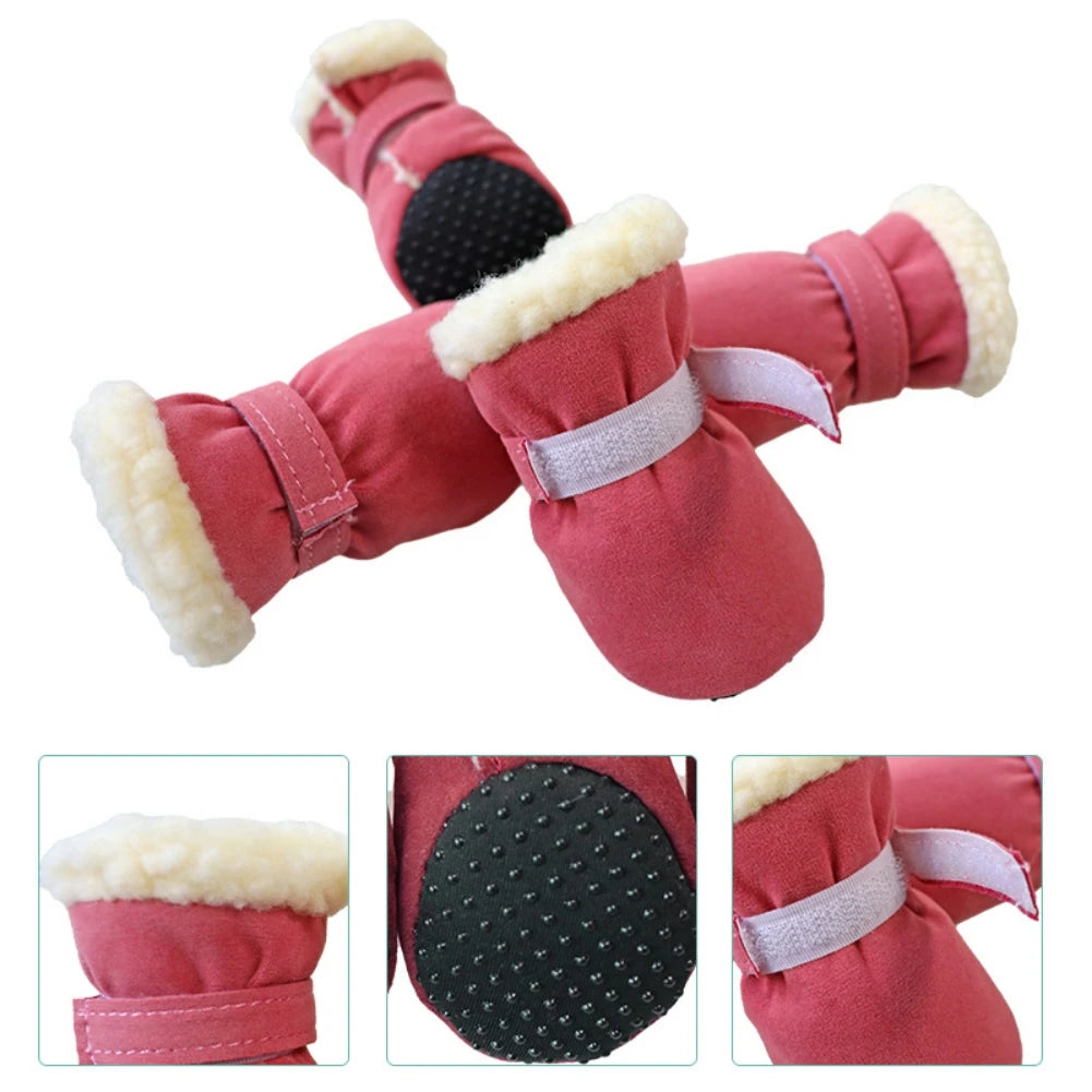 4PCS Plush Dog Snow Boots – Warm Winter Shoes with Non-Slip Soles for Small to Medium Dogs and Cats