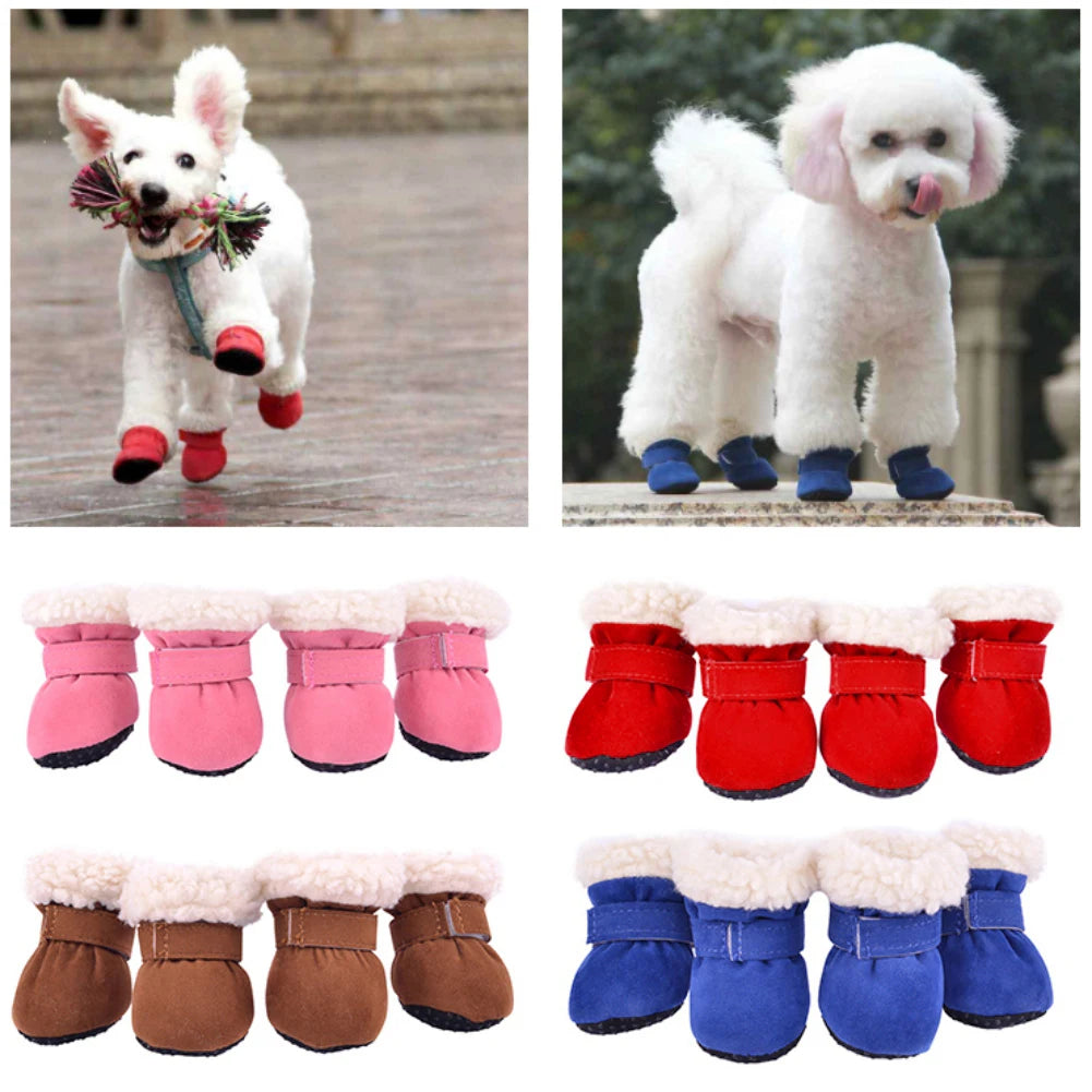 4PCS Plush Dog Snow Boots – Warm Winter Shoes with Non-Slip Soles for Small to Medium Dogs and Cats