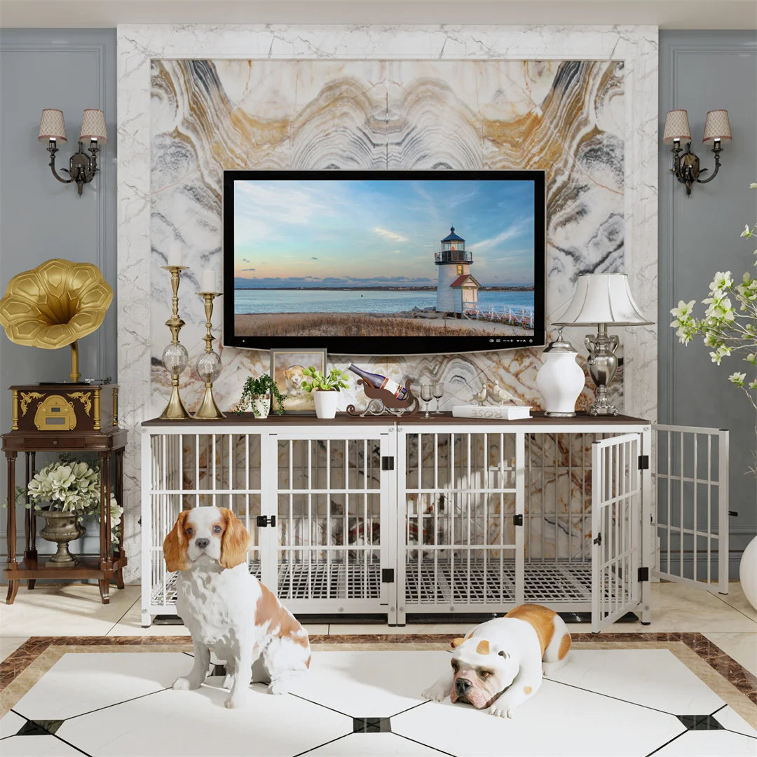 White Dog Crate Furniture with Black Cage and End Table Design