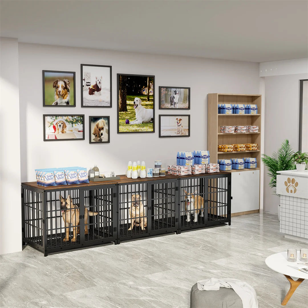 White Dog Crate Furniture with Black Cage and End Table Design