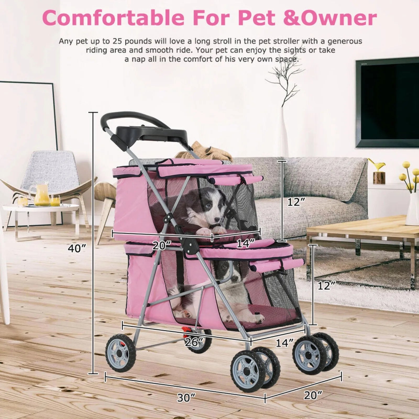 US Double Dog Stroller with 4 Wheels & Cup Holder