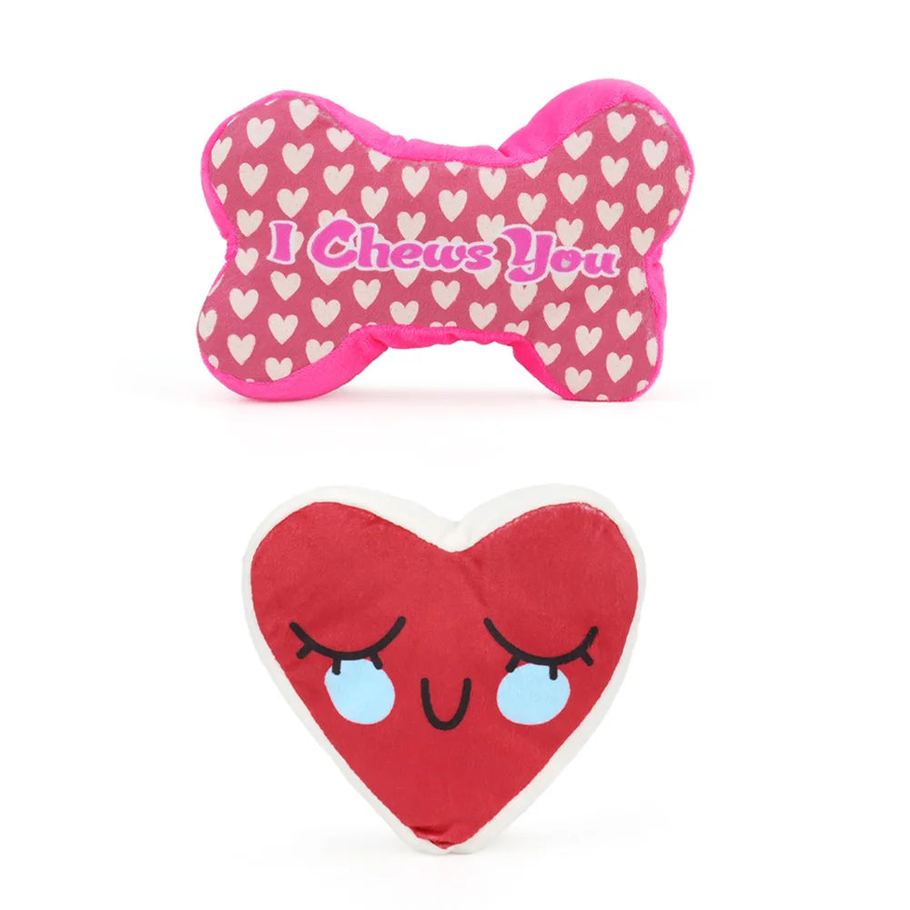 2PCS Heart & Bone Plush Dog Toys – Squeaky Chew Toys for Valentine’s Day Gift