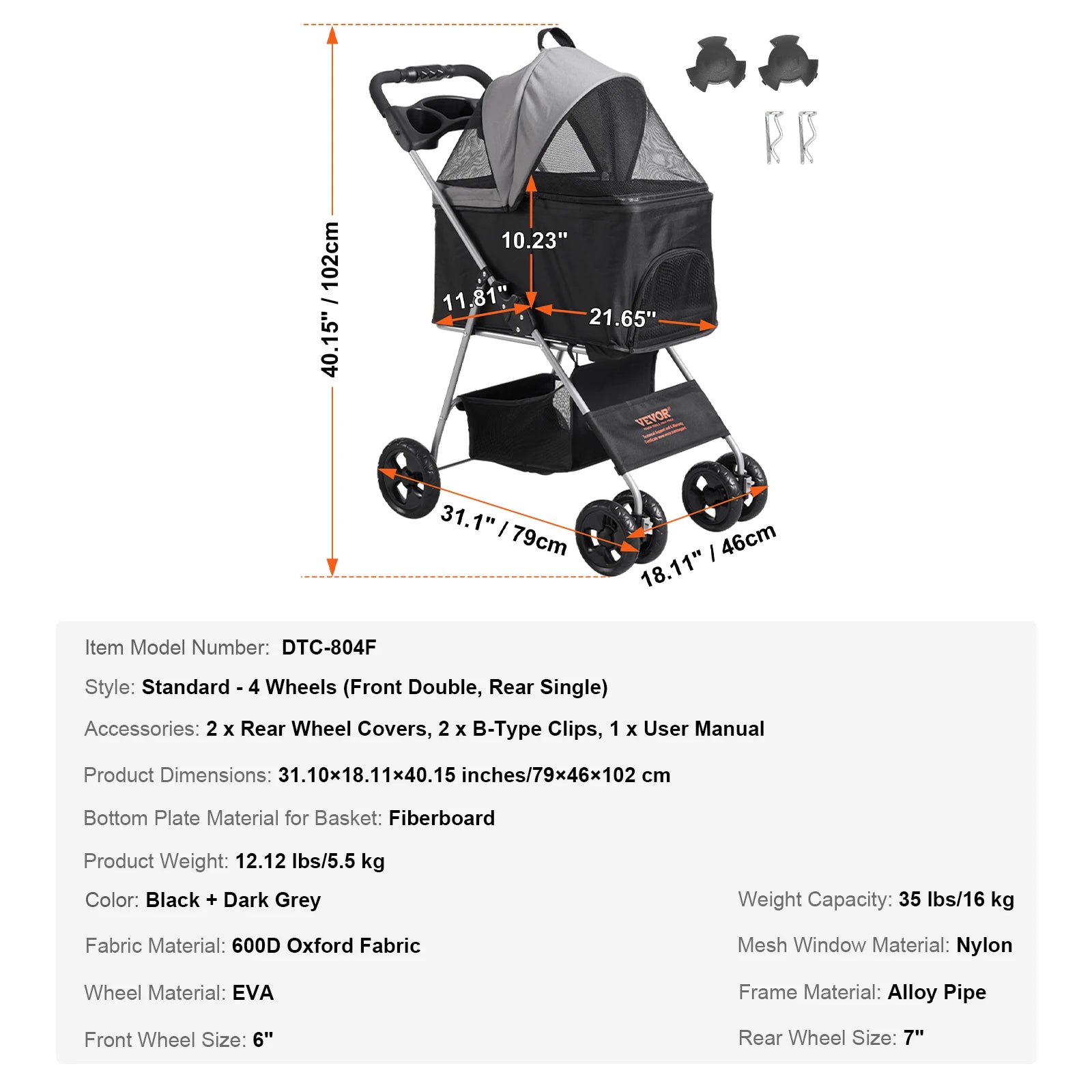 VEVOR Lightweight Pet Stroller – Travel-Friendly Carrier with Brakes, Rotating Wheels, and Accessories