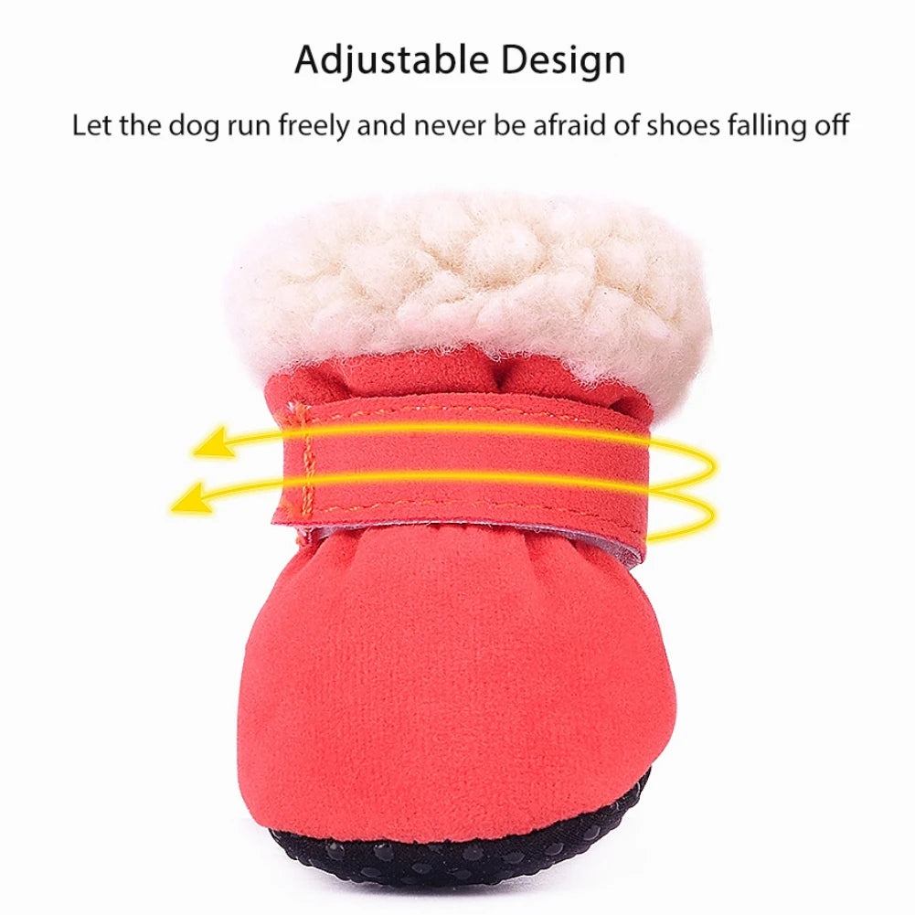 4PCS Plush Dog Snow Boots – Warm Winter Shoes with Non-Slip Soles for Small to Medium Dogs and Cats