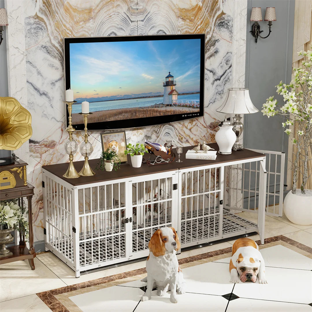 White Dog Crate Furniture with Black Cage and End Table Design