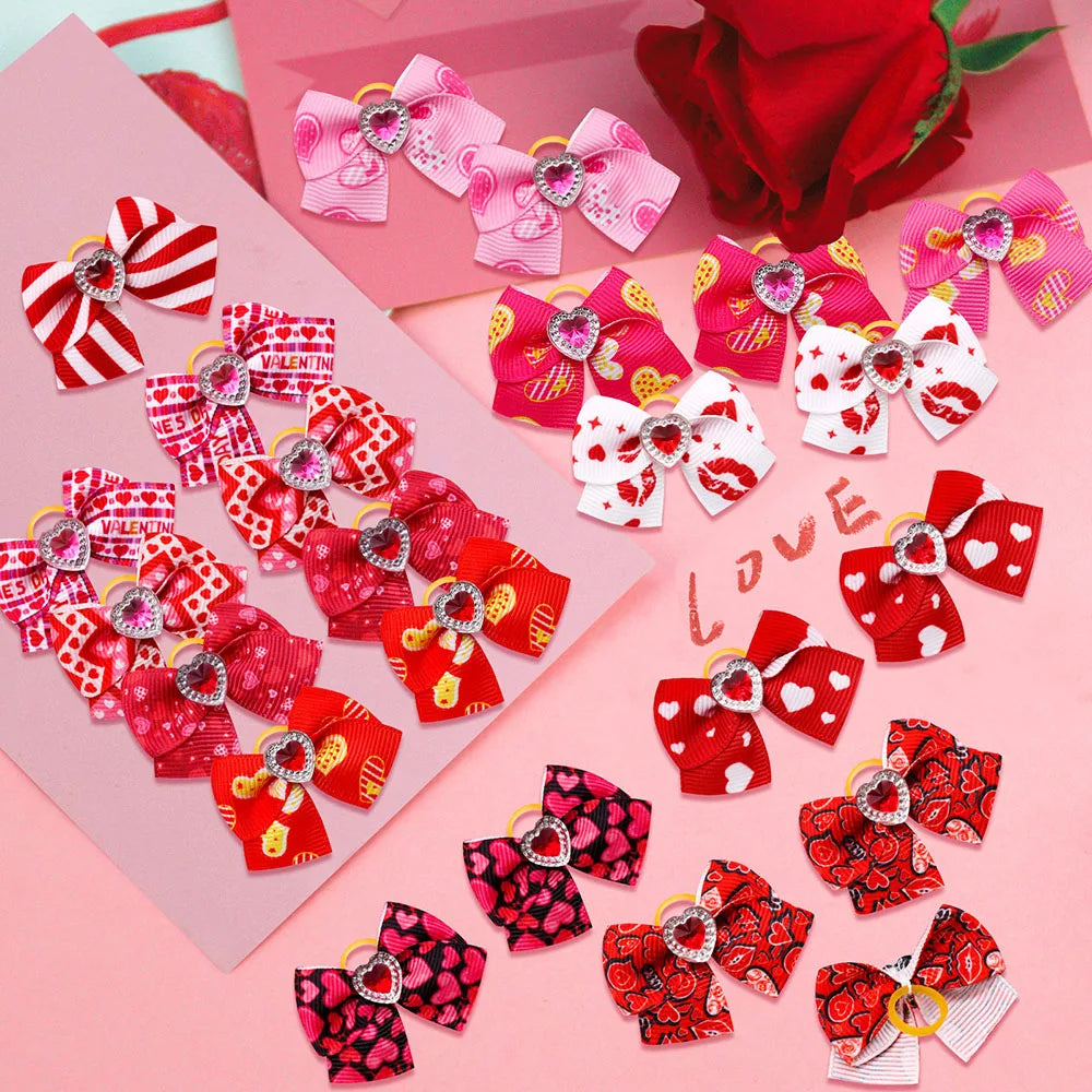 20PCS Valentine’s Day Dog Bows – Red and Pink Hair Bow Accessories for Dogs and Cats
