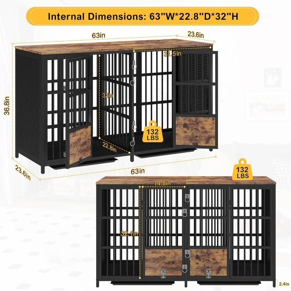 63-Inch Heavy-Duty Dog Crate Furniture for Two Dogs