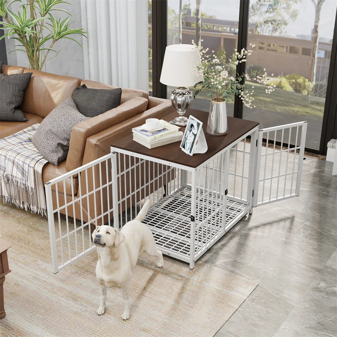 White Dog Crate Furniture with Black Cage and End Table Design
