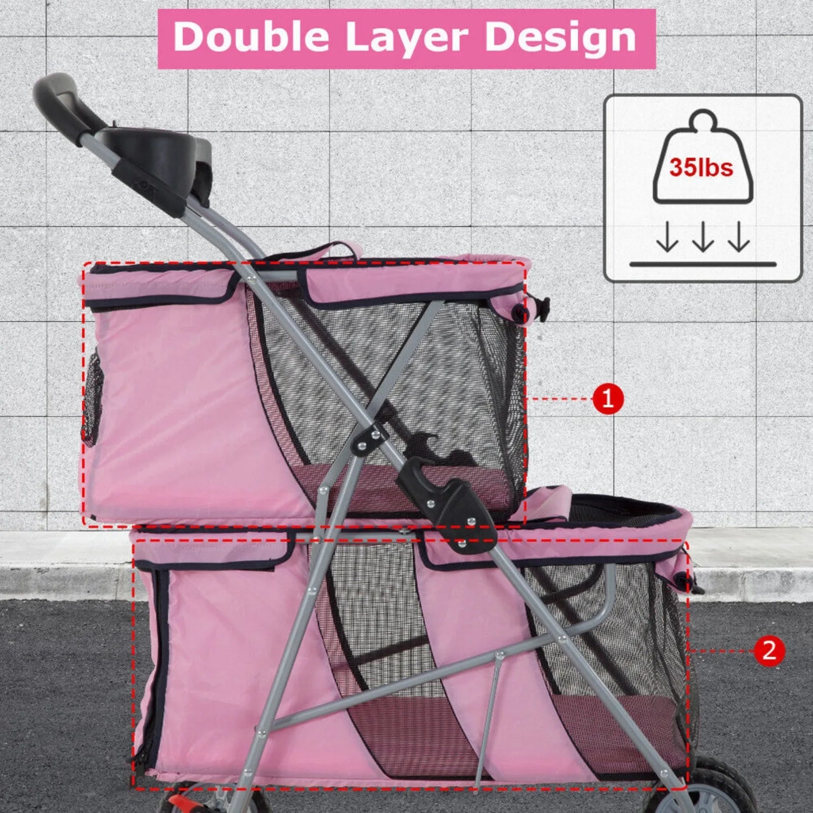 US Double Dog Stroller with 4 Wheels & Cup Holder