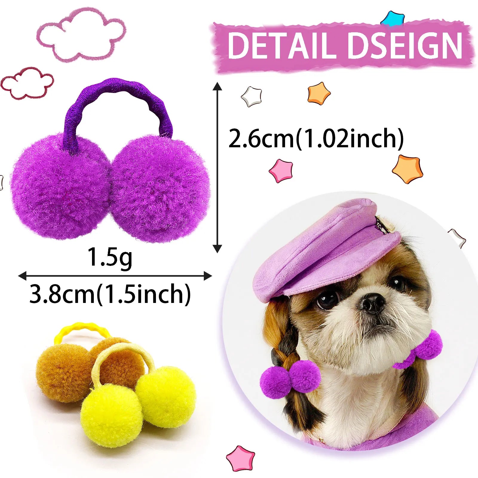 10pcs Pet Hair Bands with Plush Balls – Elastic Grooming Bows for Small and Medium Dogs and Cats