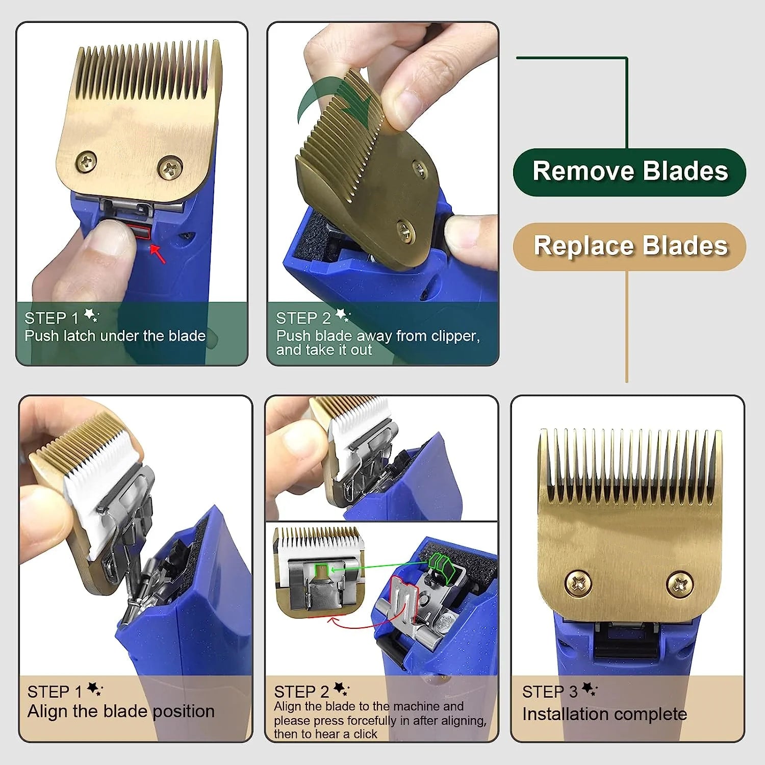 Gold Detachable Pet Grooming Clipper Stainless Steel Blades Set
