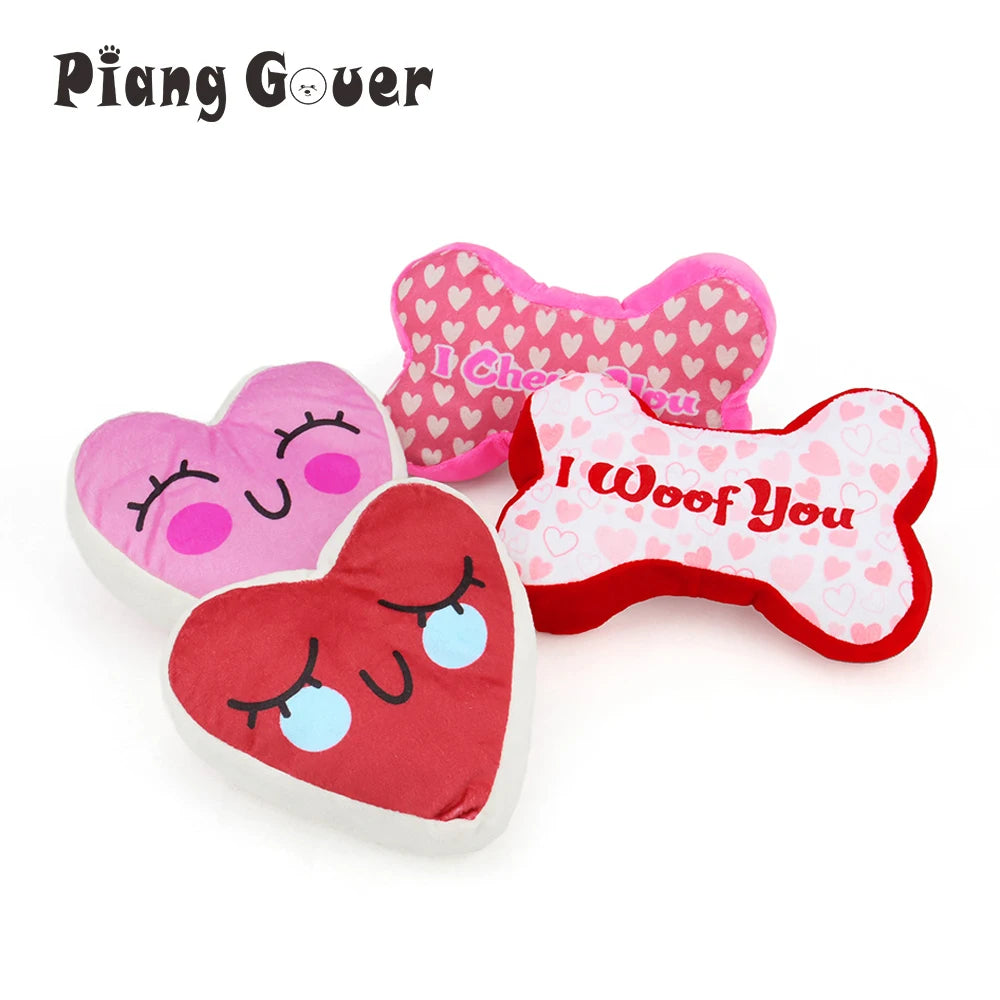 2PCS Heart & Bone Plush Dog Toys – Squeaky Chew Toys for Valentine’s Day Gift