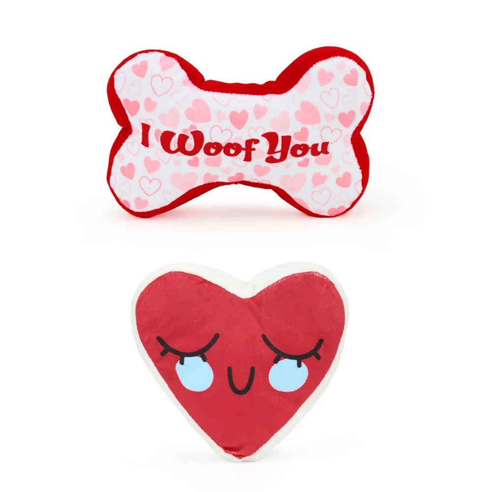 2PCS Heart & Bone Plush Dog Toys – Squeaky Chew Toys for Valentine’s Day Gift