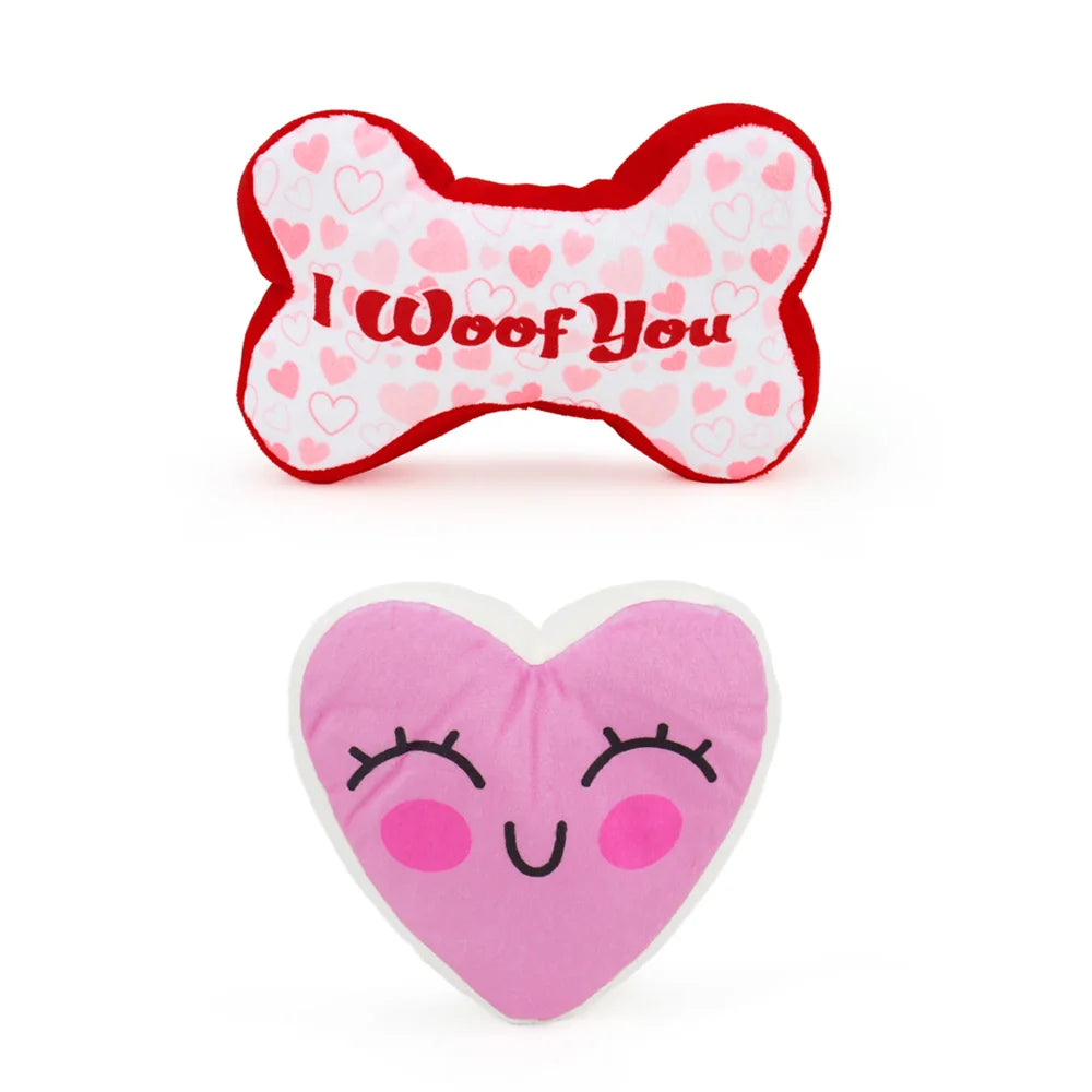 2PCS Heart & Bone Plush Dog Toys – Squeaky Chew Toys for Valentine’s Day Gift