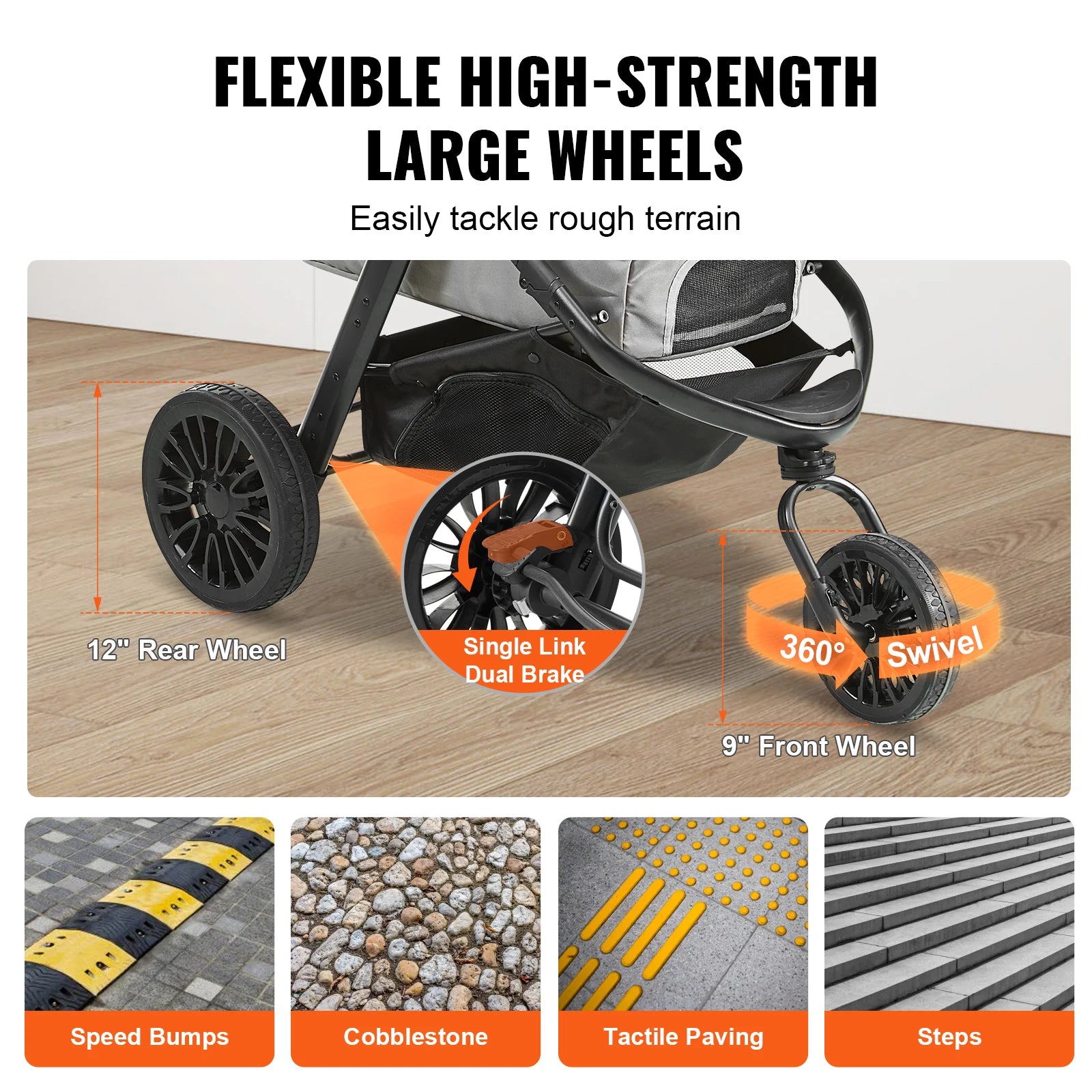 VEVOR Lightweight Pet Stroller – Travel-Friendly Carrier with Brakes, Rotating Wheels, and Accessories