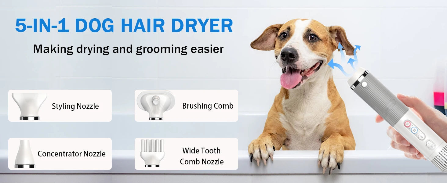Portable Dog Hair Dryer – Adjustable Temperature and Speed with 4 Nozzles for Pet Grooming