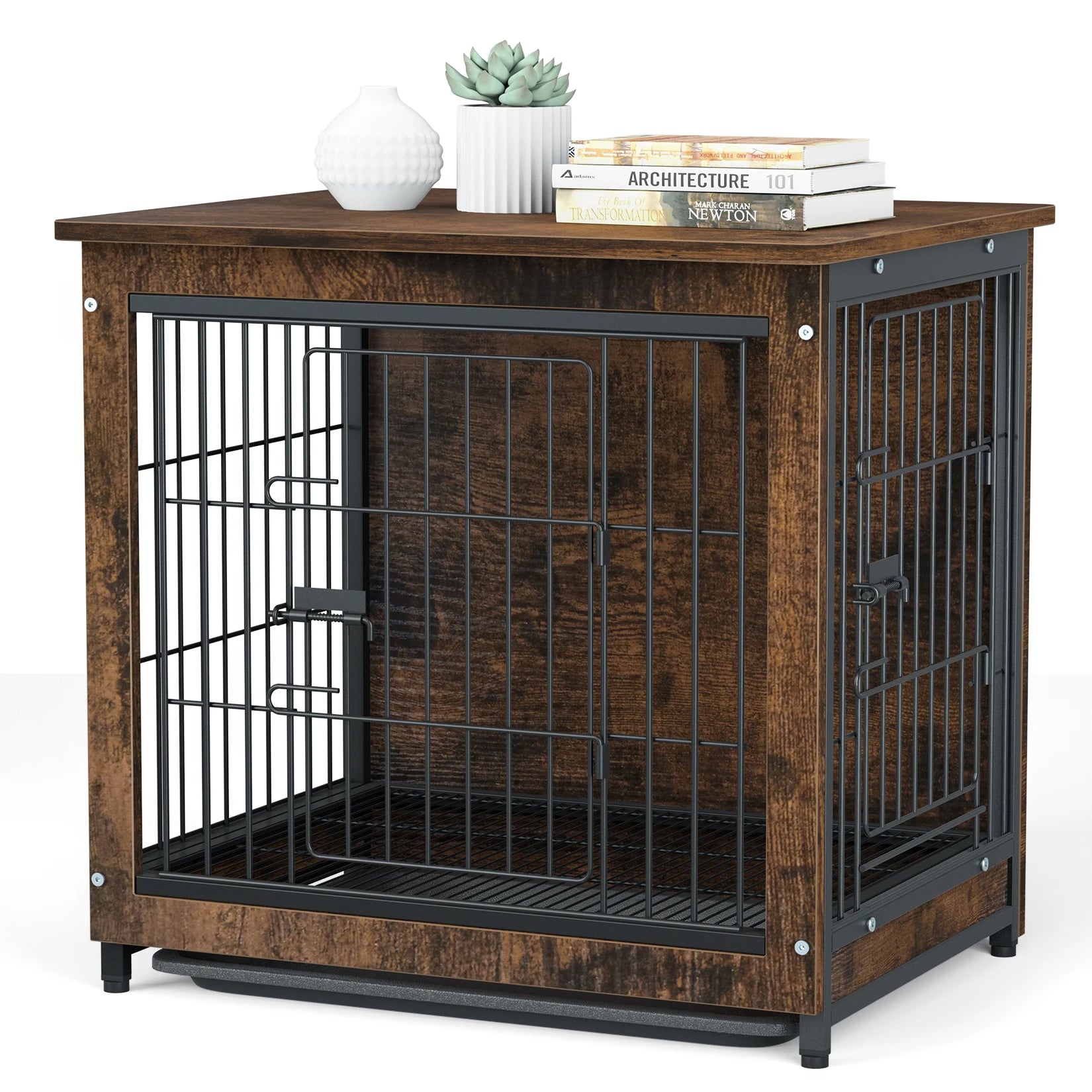 Vintage Wooden Dog Cage End Table – Stylish Indoor Pet Crate with Double Doors and Removable Tray