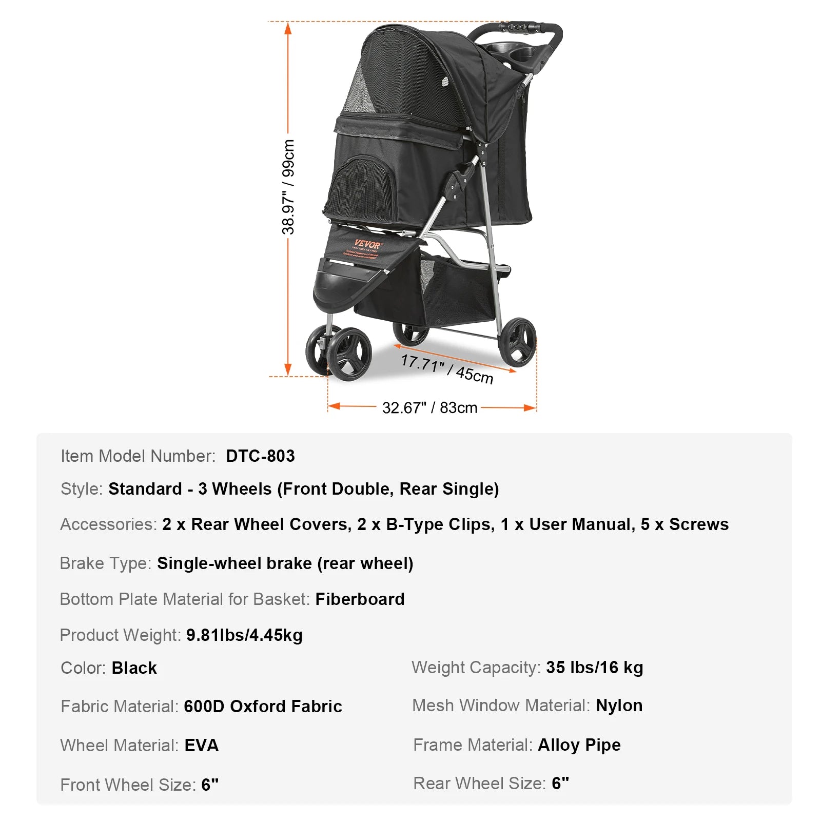 VEVOR Lightweight Pet Stroller – Travel-Friendly Carrier with Brakes, Rotating Wheels, and Accessories