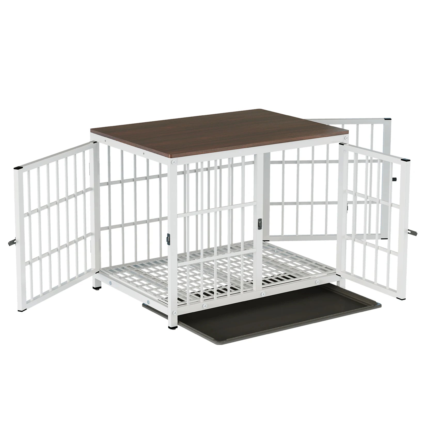 White Dog Crate Furniture with Black Cage and End Table Design