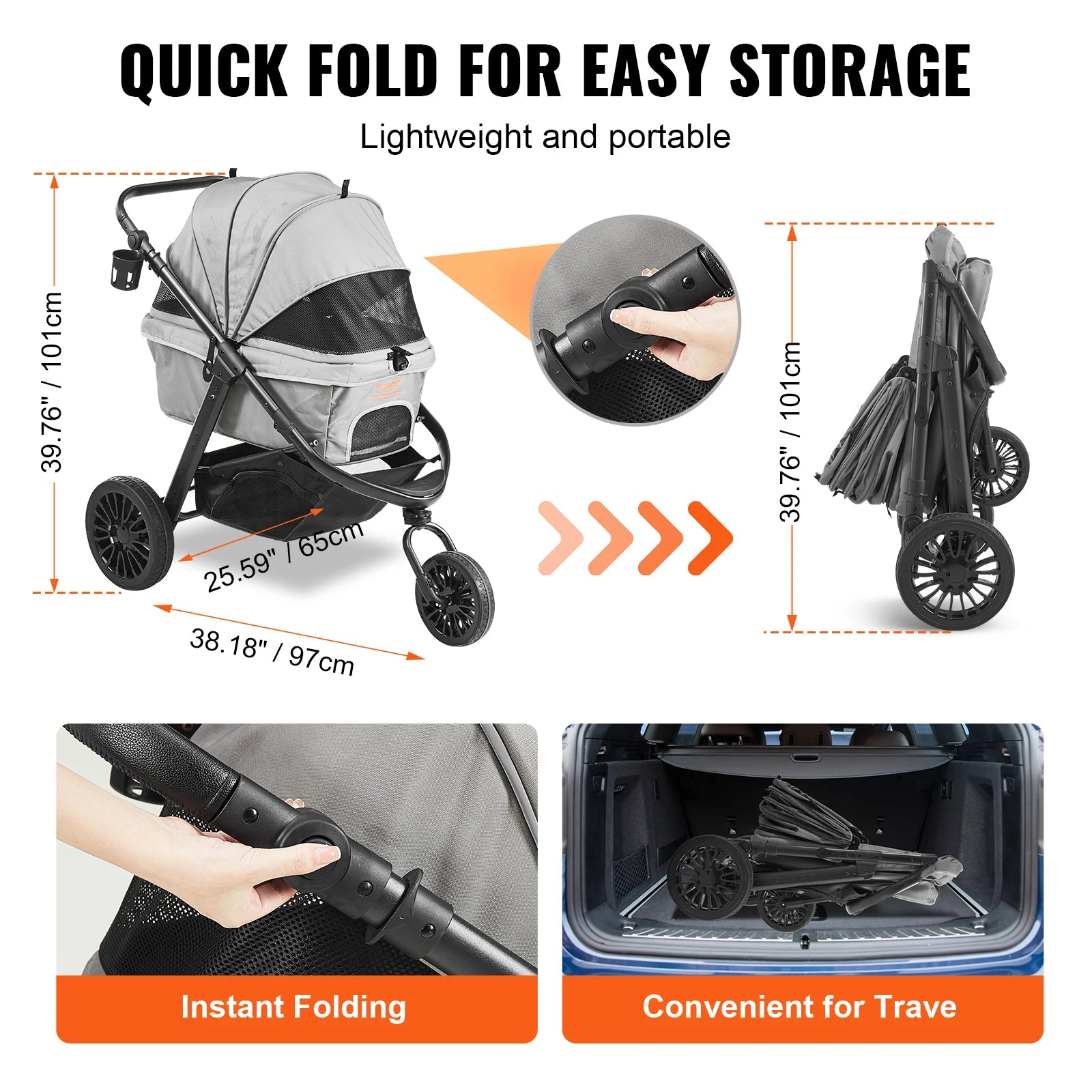 VEVOR Lightweight Pet Stroller – Travel-Friendly Carrier with Brakes, Rotating Wheels, and Accessories