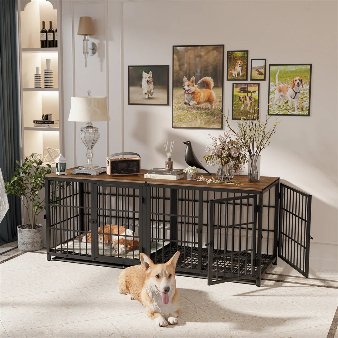 White Dog Crate Furniture with Black Cage and End Table Design