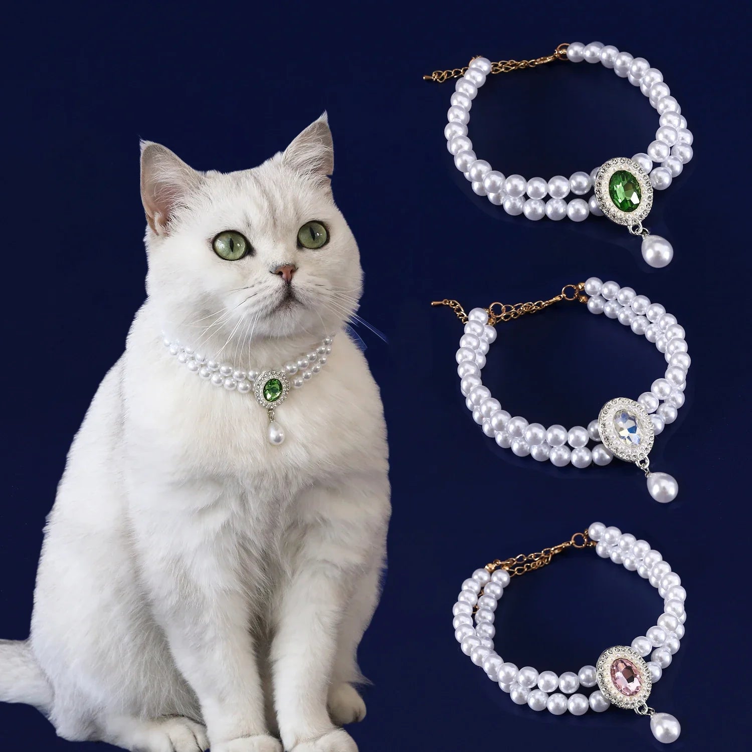Adjustable Pet Pearl Necklace Jewelry Diamond Pendant