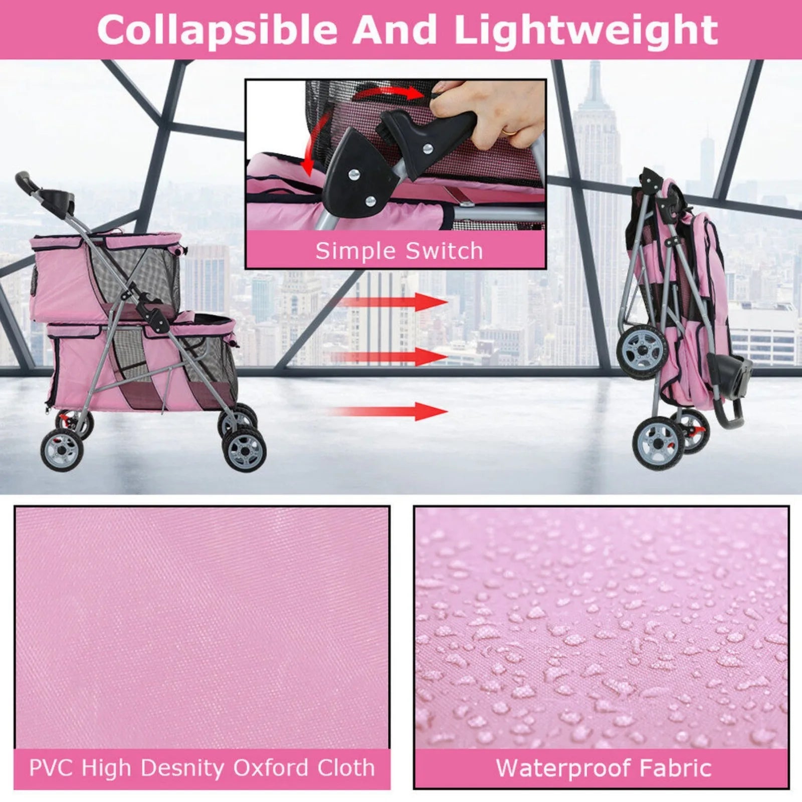 US Double Dog Stroller with 4 Wheels & Cup Holder