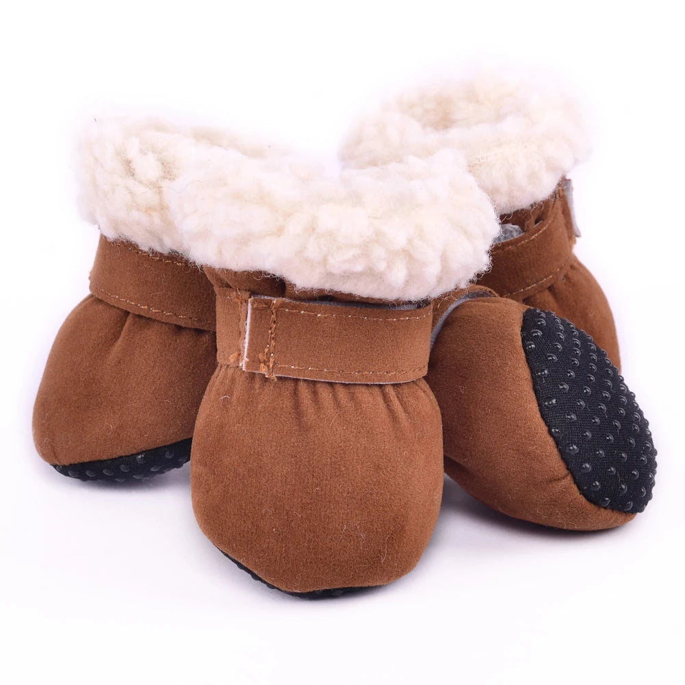 4PCS Plush Dog Snow Boots – Warm Winter Shoes with Non-Slip Soles for Small to Medium Dogs and Cats
