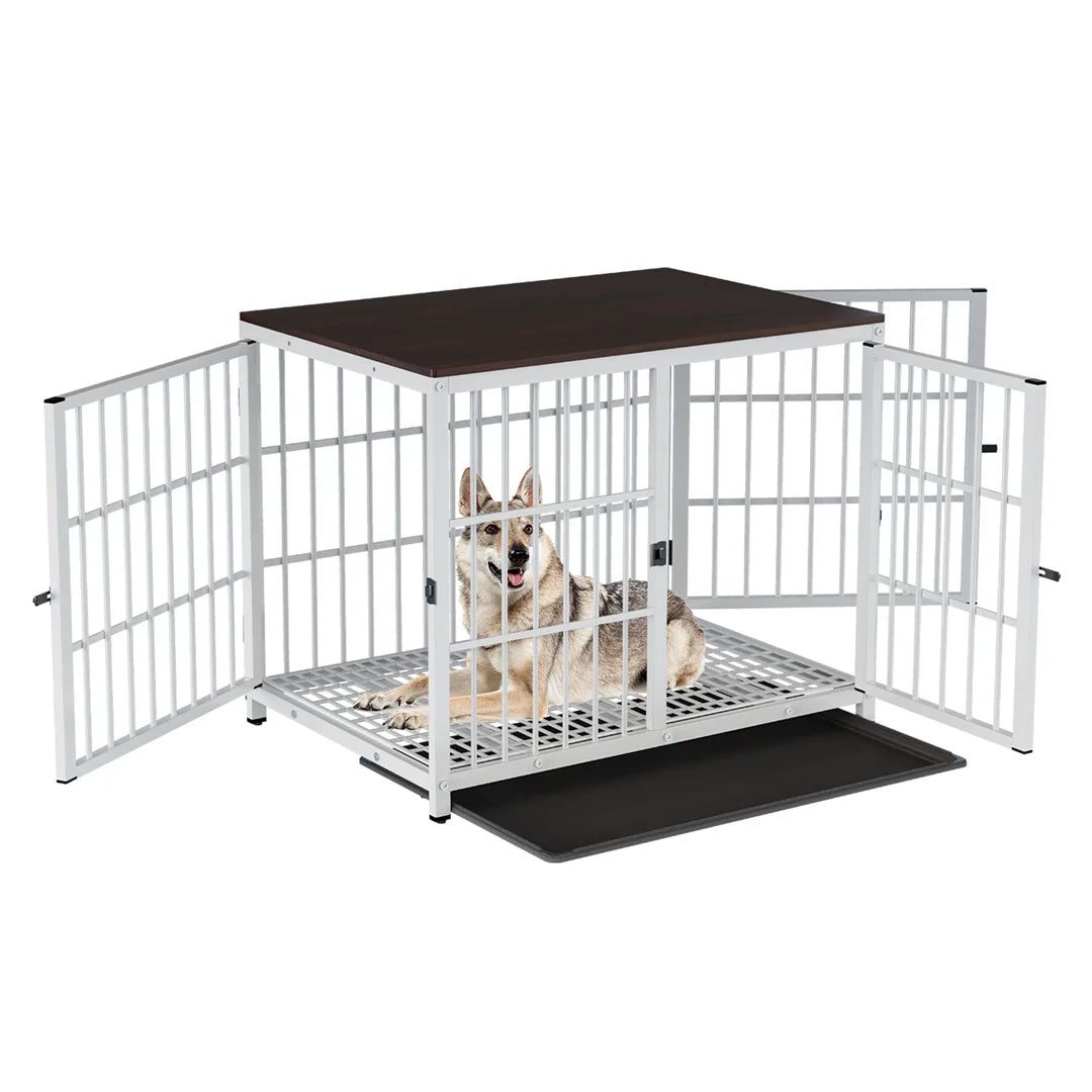 White Dog Crate Furniture with Black Cage and End Table Design