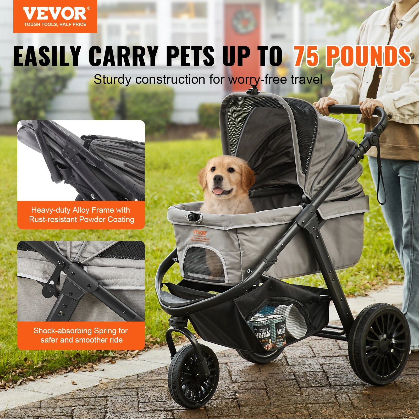 VEVOR Lightweight Pet Stroller – Travel-Friendly Carrier with Brakes, Rotating Wheels, and Accessories