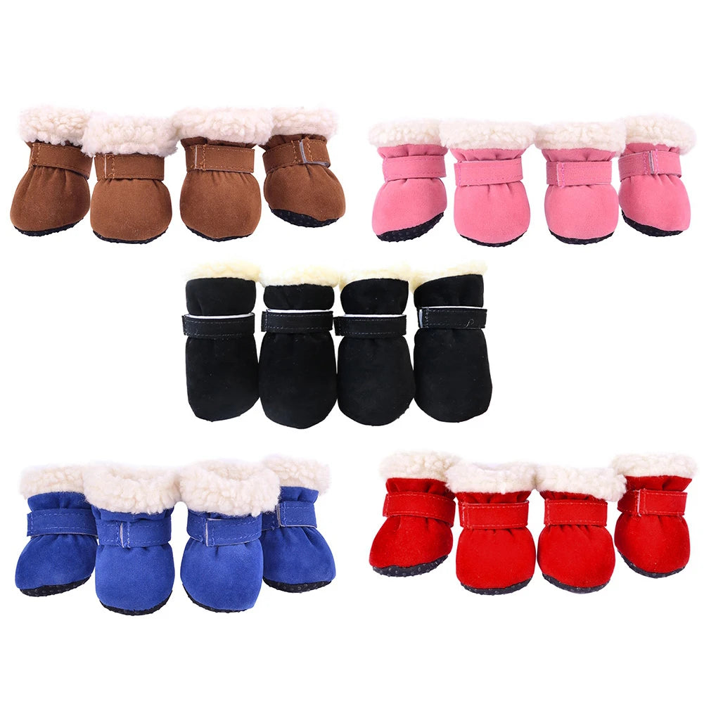4PCS Plush Dog Snow Boots – Warm Winter Shoes with Non-Slip Soles for Small to Medium Dogs and Cats