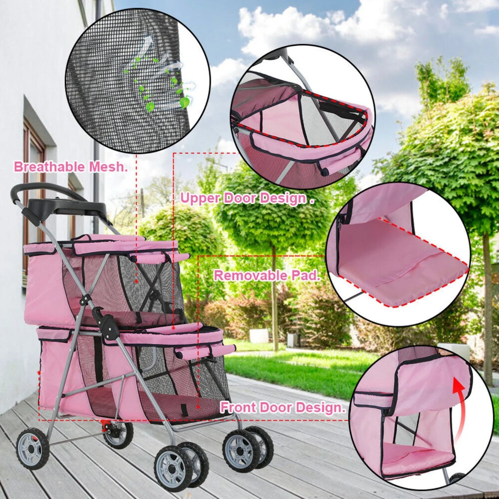 US Double Dog Stroller with 4 Wheels & Cup Holder