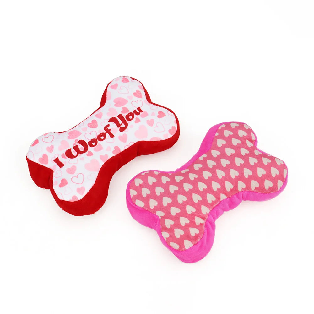 2PCS Heart & Bone Plush Dog Toys – Squeaky Chew Toys for Valentine’s Day Gift