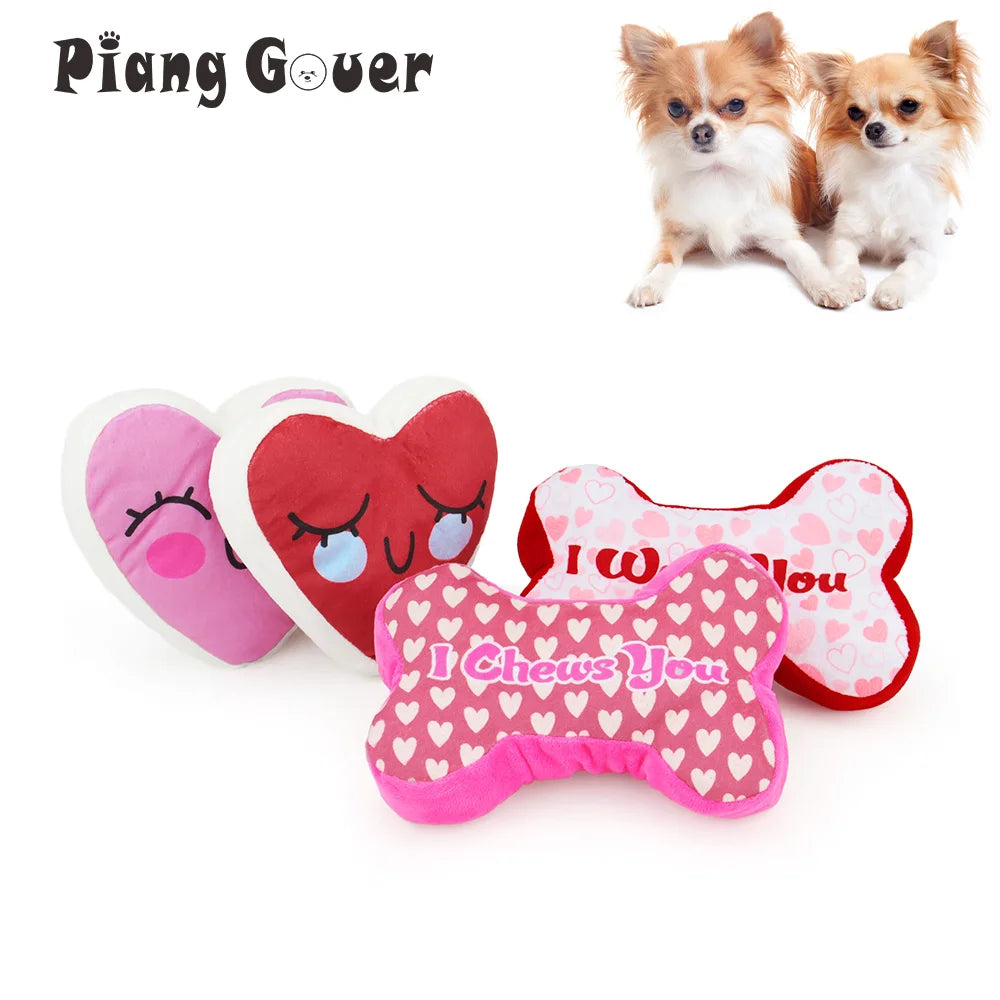 2PCS Heart & Bone Plush Dog Toys – Squeaky Chew Toys for Valentine’s Day Gift