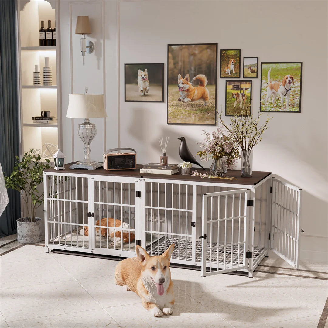 White Dog Crate Furniture with Black Cage and End Table Design