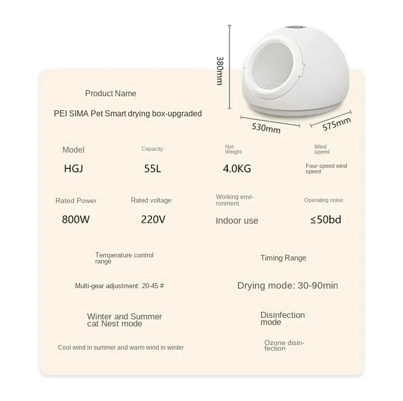 Smart Pet Drying Box – Automatic Temperature Control Dryer with Water Sterilization for Cats and Dogs