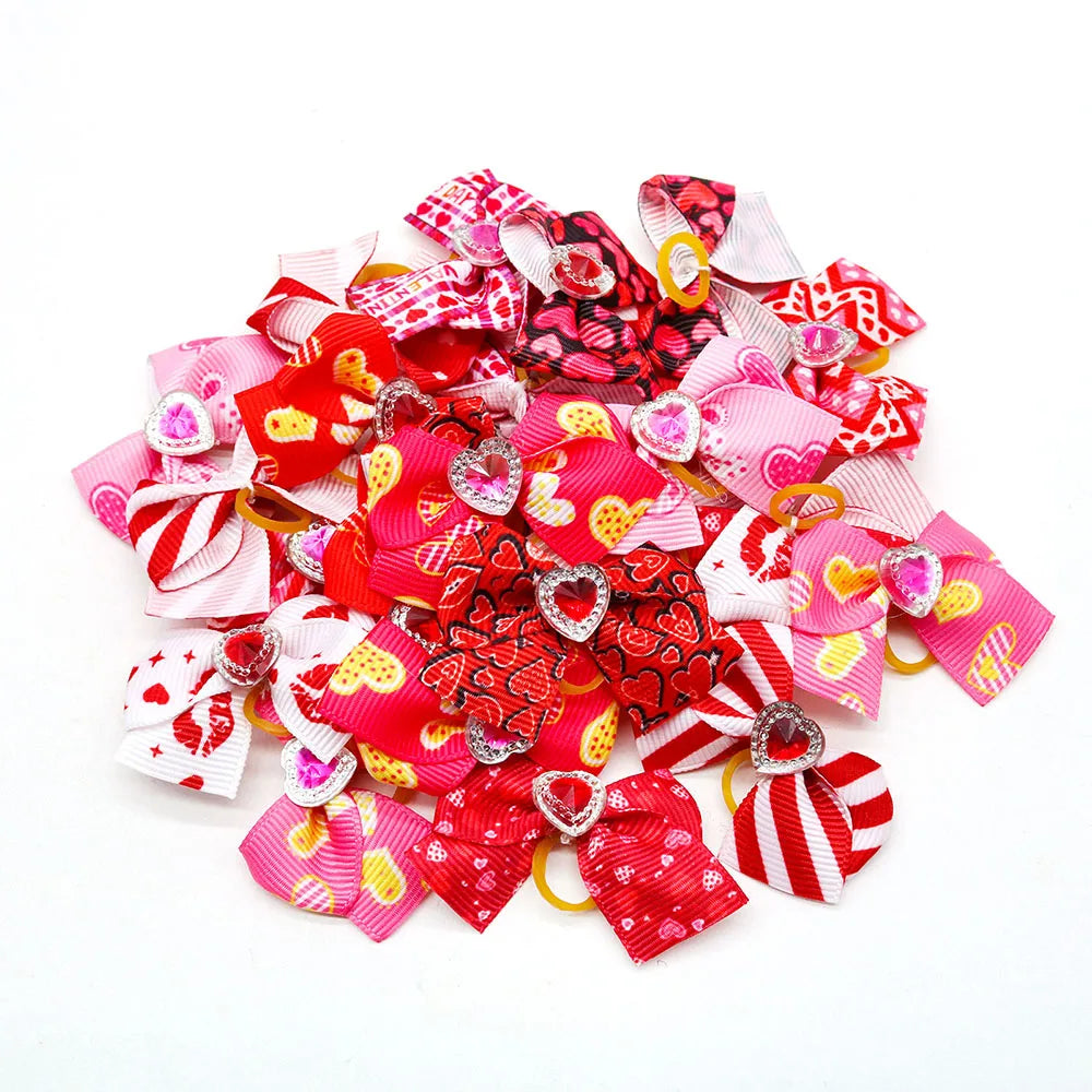 20PCS Valentine’s Day Dog Bows – Red and Pink Hair Bow Accessories for Dogs and Cats