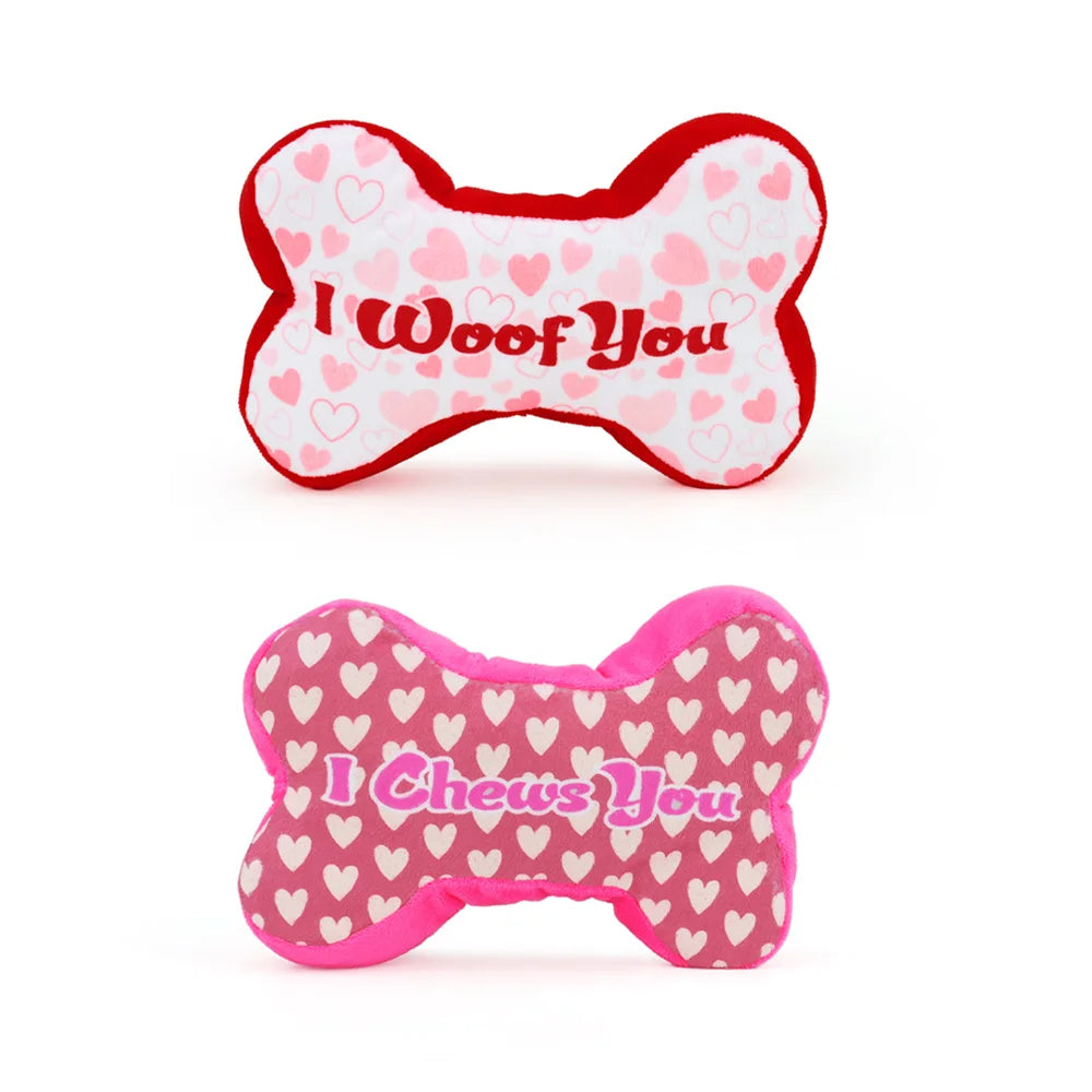 2PCS Heart & Bone Plush Dog Toys – Squeaky Chew Toys for Valentine’s Day Gift