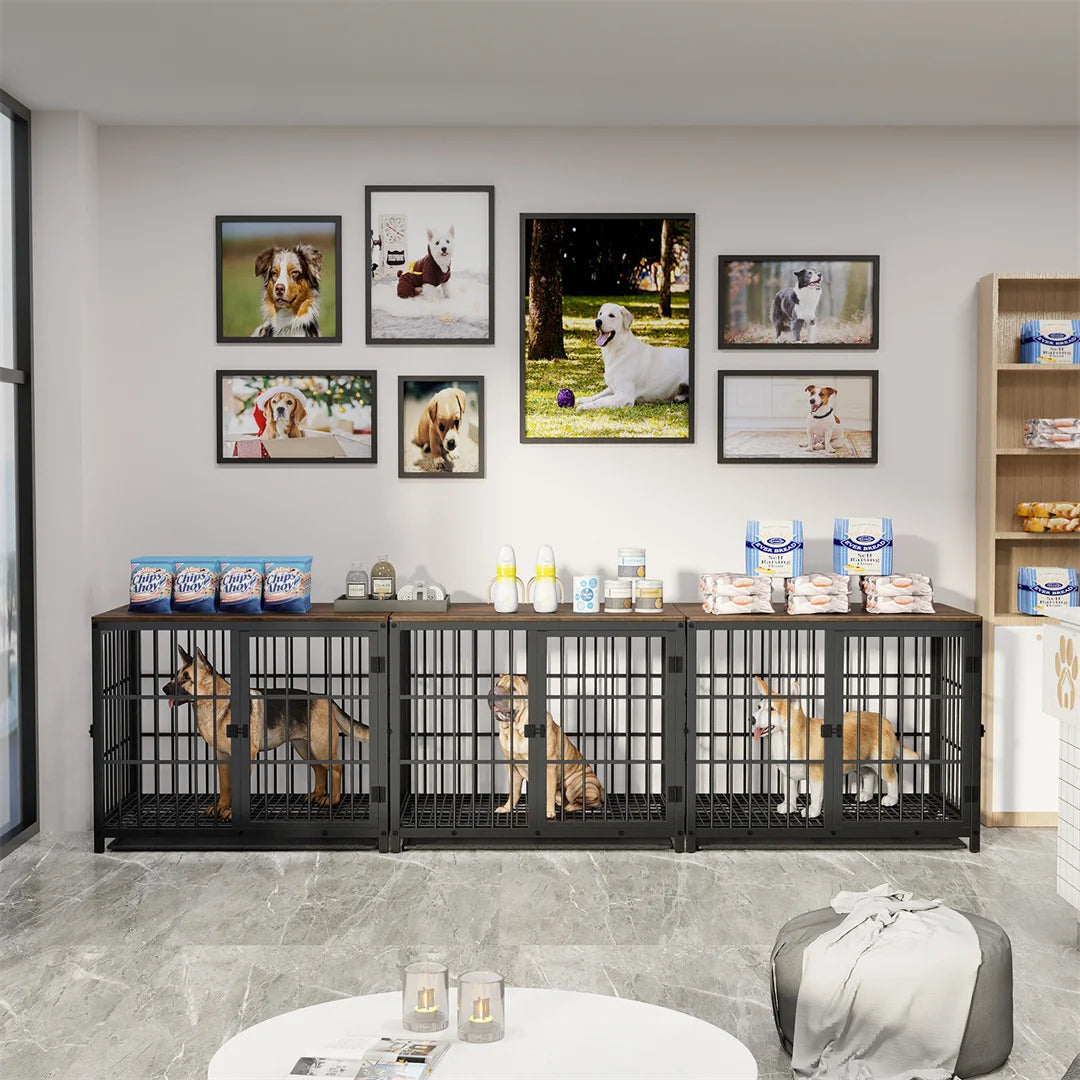 White Dog Crate Furniture with Black Cage and End Table Design