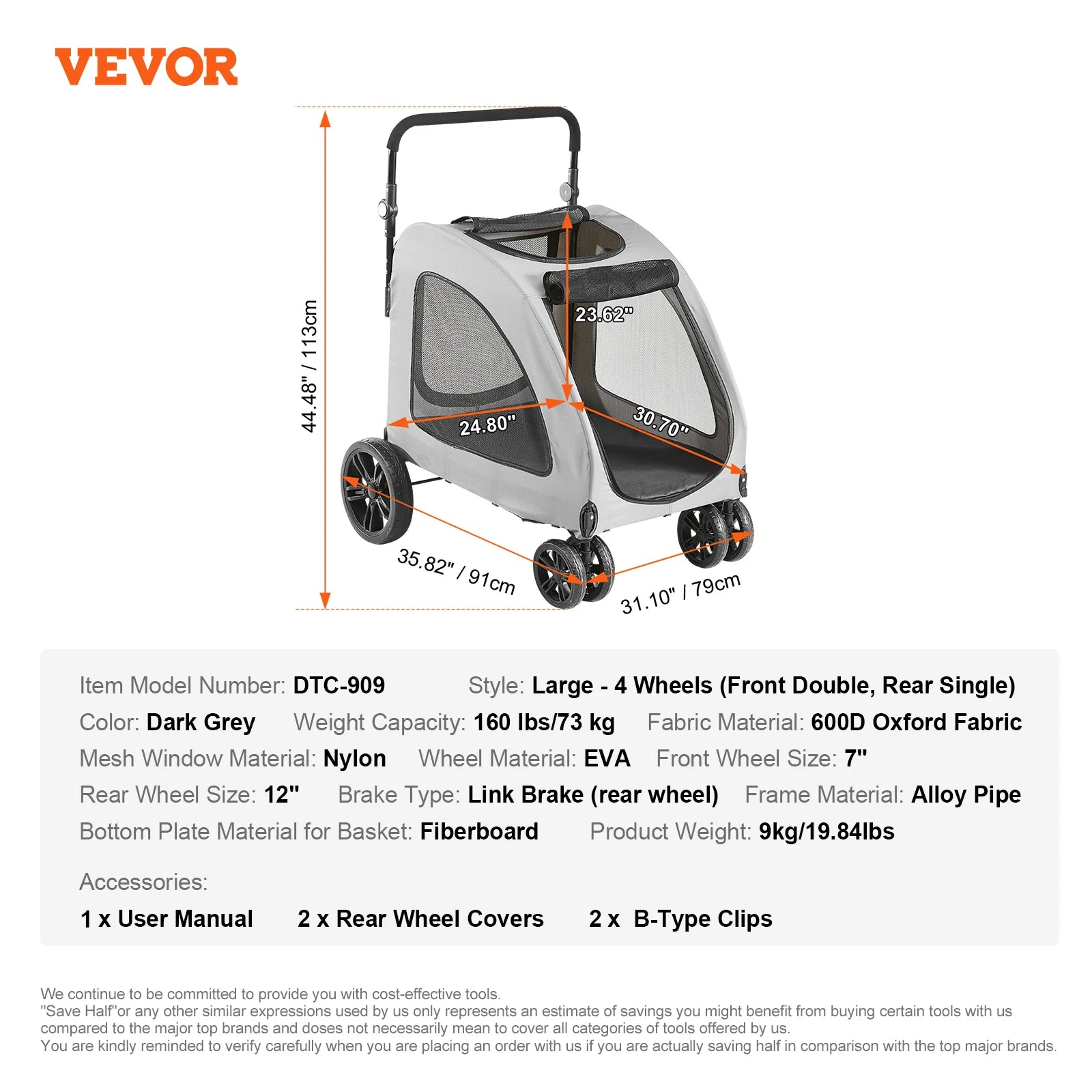 VEVOR Lightweight Pet Stroller – Travel-Friendly Carrier with Brakes, Rotating Wheels, and Accessories
